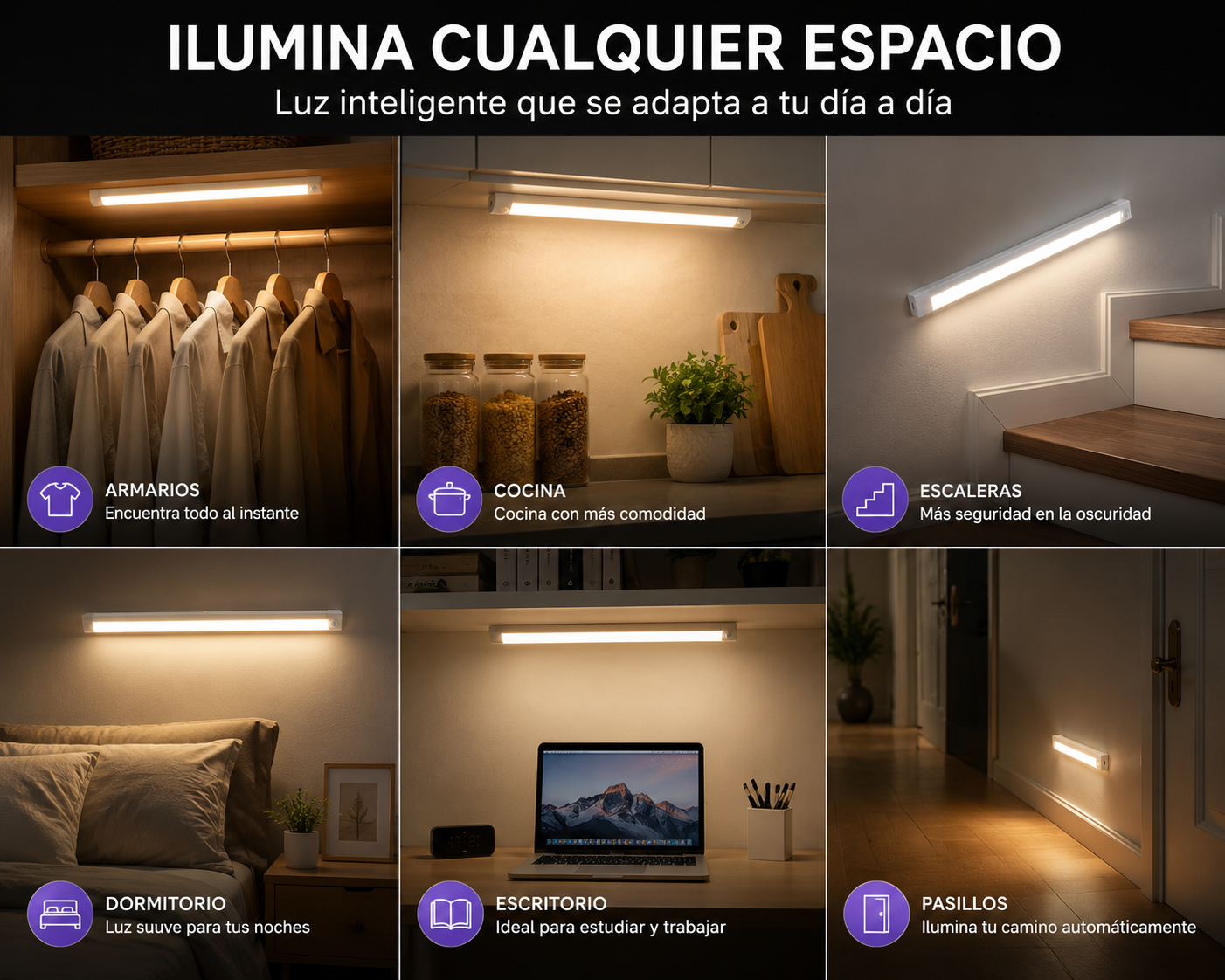 Lámpara LED con Sensor de Movimiento Recargable USB-C para Armarios, Cocina y Escaleras