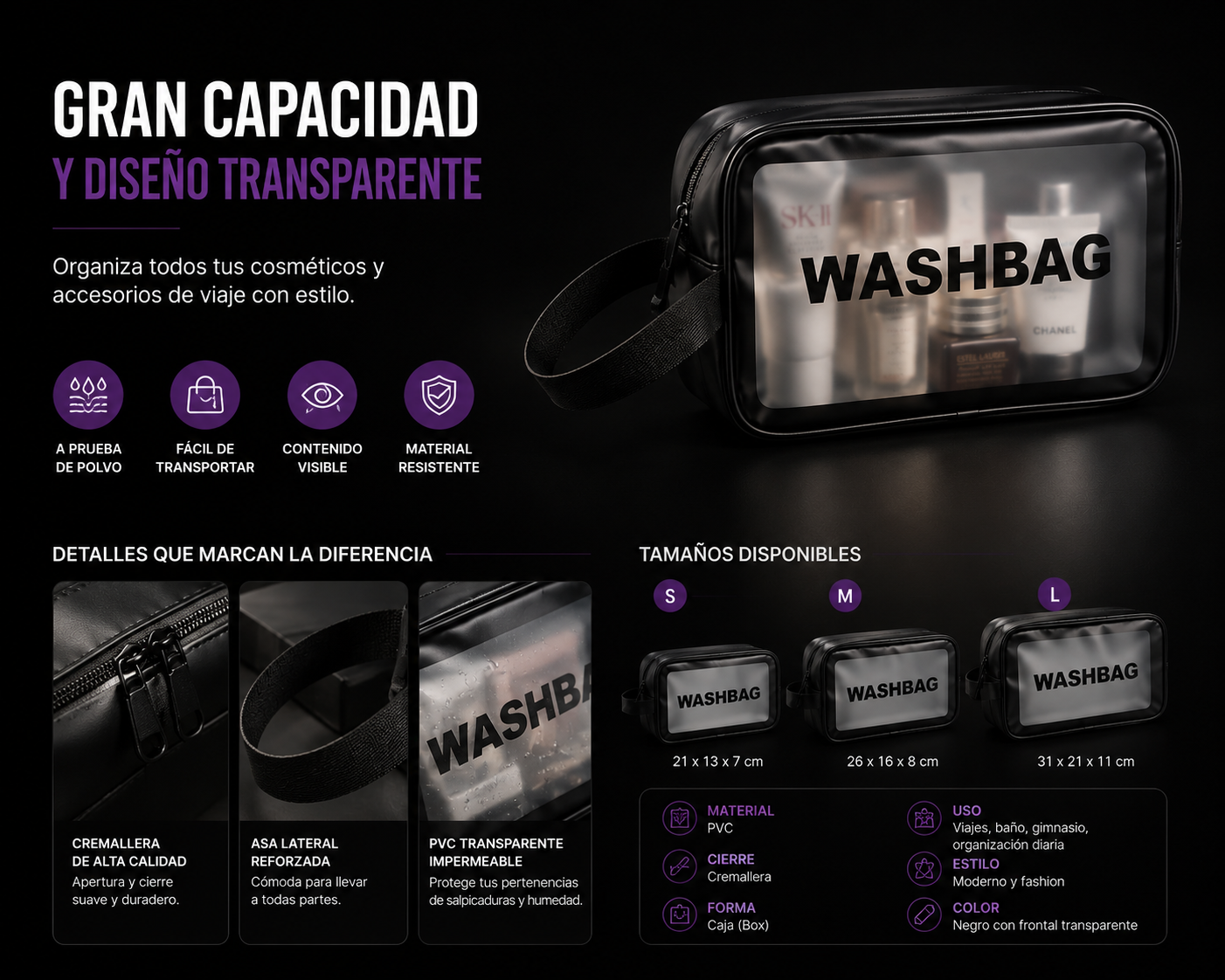 Neceser de Viaje Transparente Impermeable | Organizador de Cosméticos de Gran Capacidad con Cremallera