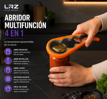 Abre Tarros Multifunción 4 en 1 Antideslizante | Abre Frascos, Botellas y Tapas Difíciles