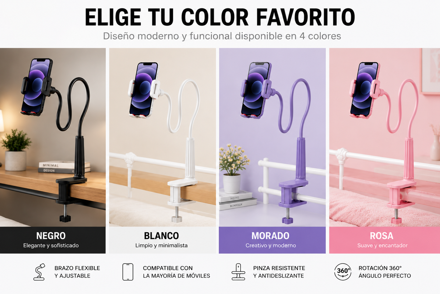 Soporte Flexible Ajustable para Móvil con Pinza – Universal para Cama, Escritorio y Mesa