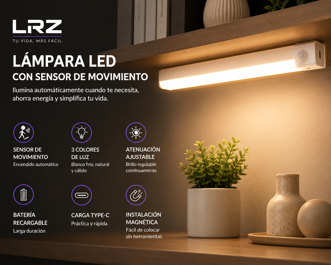 Lámpara LED con Sensor de Movimiento Recargable USB-C para Armarios, Cocina y Escaleras