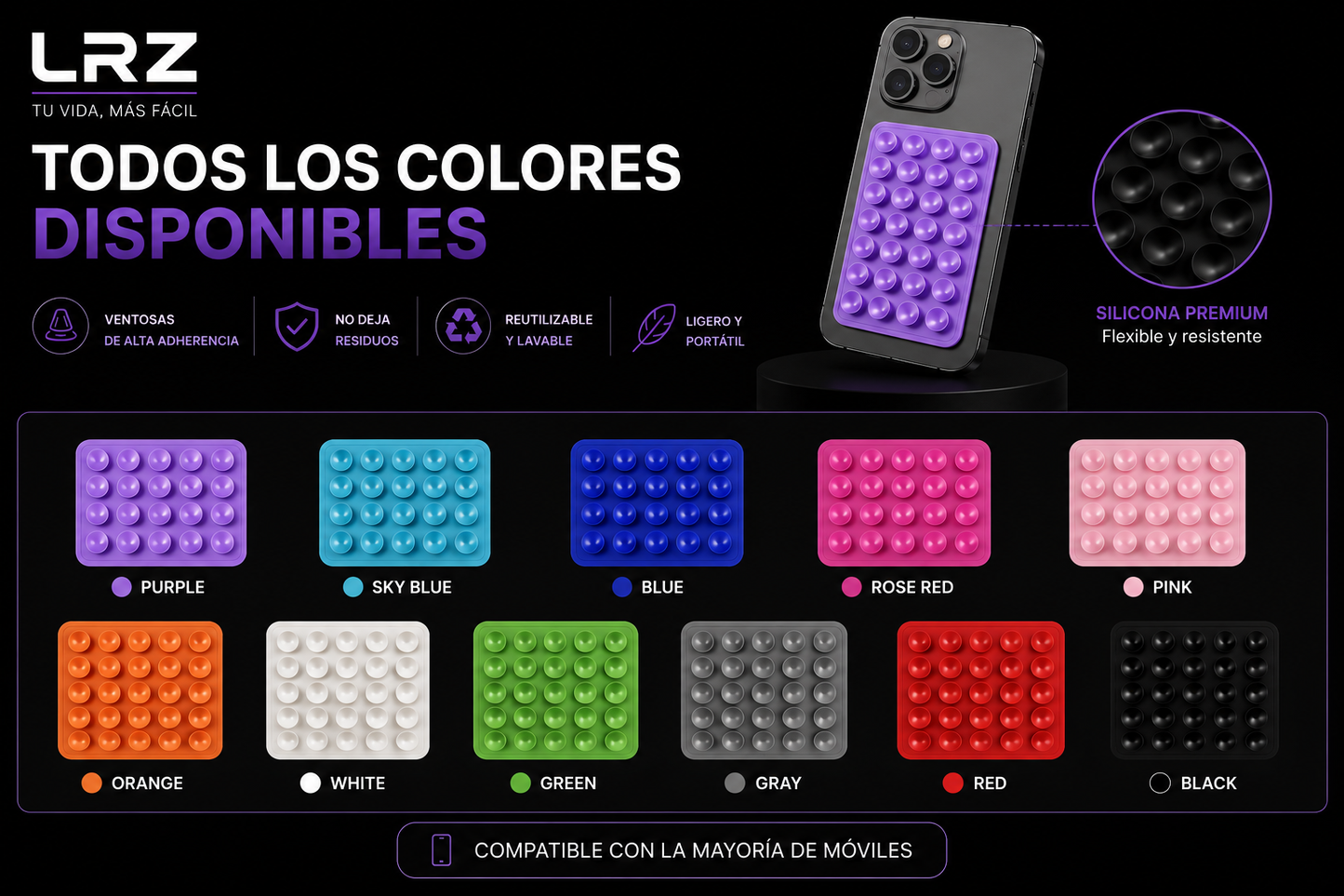 LRZ FlexGrip™ | Soporte Magnético de Silicona para Móvil con Ventosas